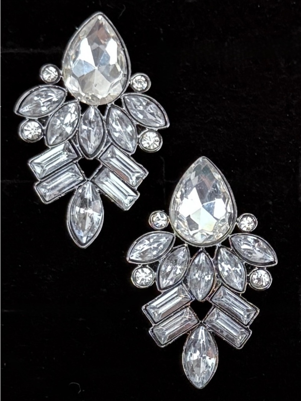 Vintage Clear Crystal Statement Pierced Earrings Silver Tone